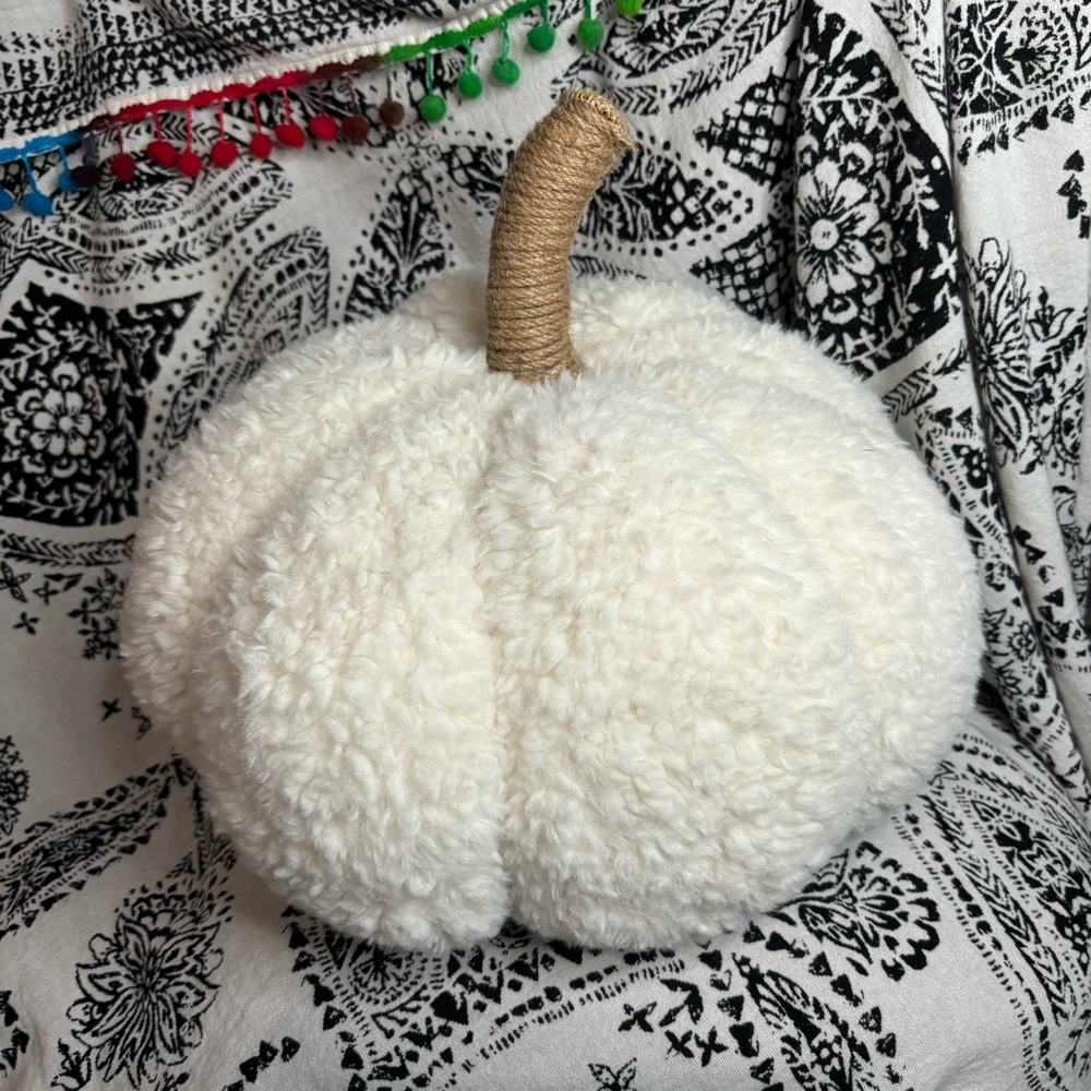 Pottery Barn White Sherpa Cozy Pumpkin Big Pillow 7in x11in Halloween Fall Decor